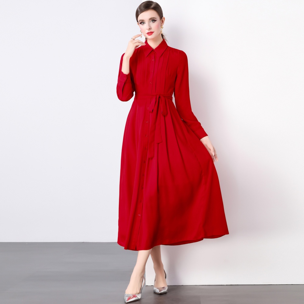 Pleated temperament dress red European style long dress