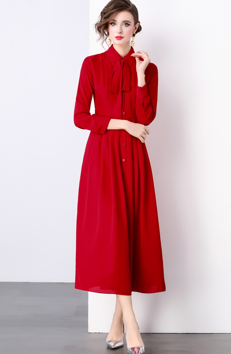 Pleated temperament dress red European style long dress