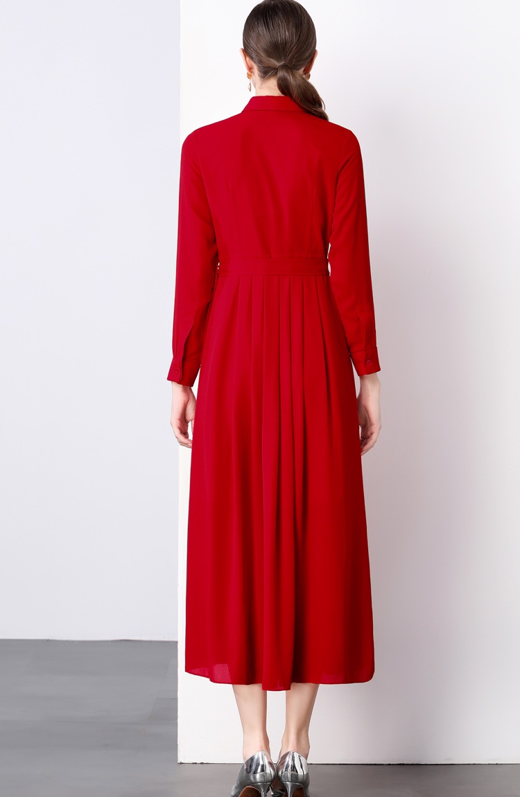 Pleated temperament dress red European style long dress