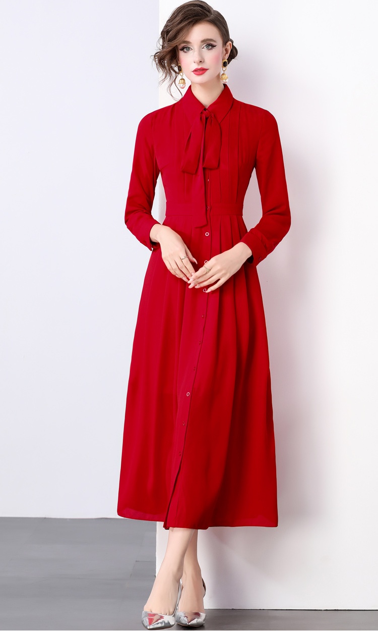 Pleated temperament dress red European style long dress