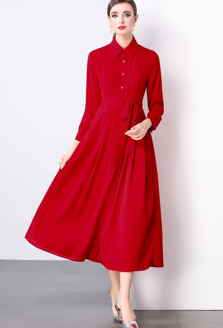 Pleated temperament dress red European style long dress