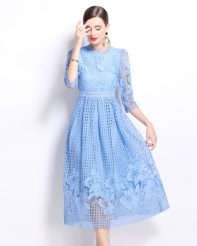 Lace long sleeve printing slim hollow dress