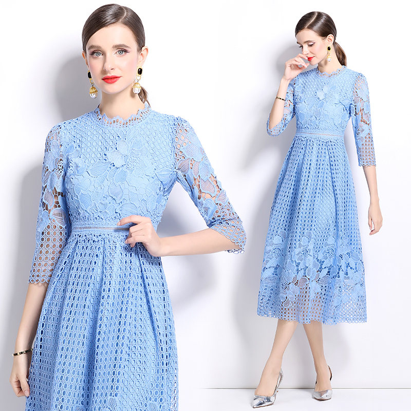 Lace long sleeve printing slim hollow dress