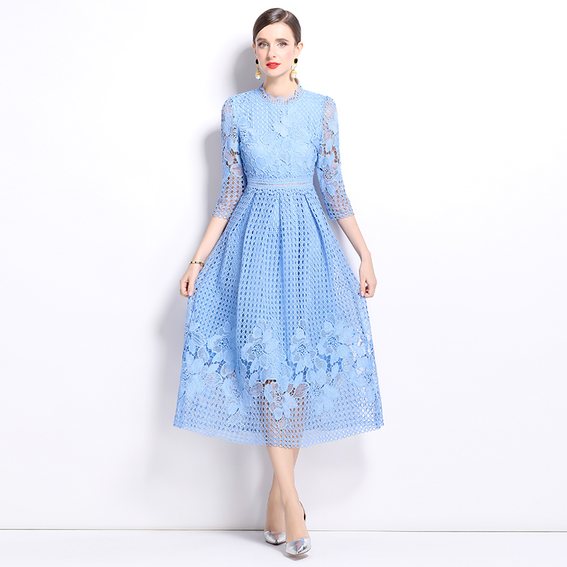 Lace long sleeve printing slim hollow dress