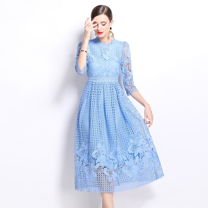 Lace long sleeve printing slim hollow dress