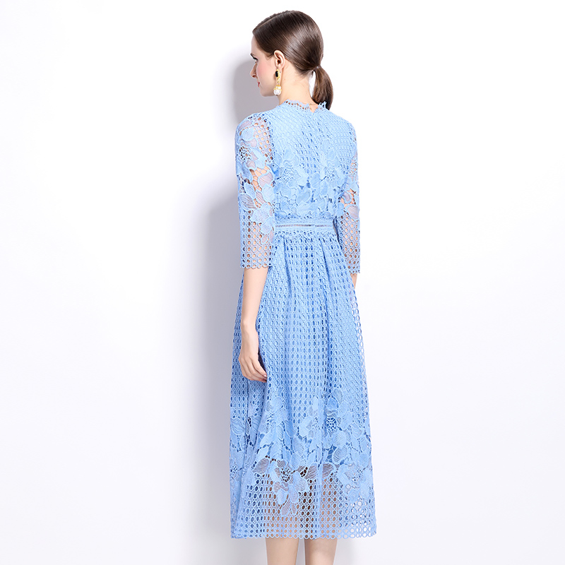 Lace long sleeve printing slim hollow dress