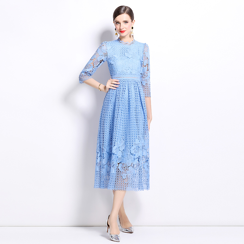 Lace long sleeve printing slim hollow dress