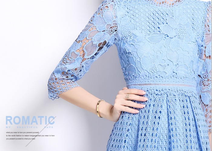 Lace long sleeve printing slim hollow dress