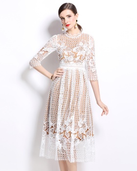 Lace long sleeve printing hollow slim dress