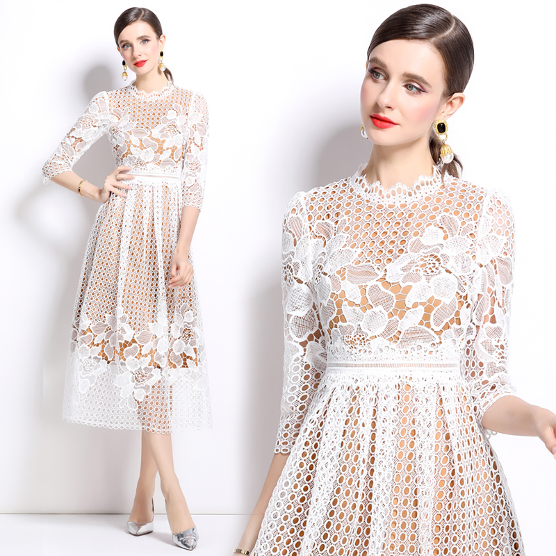 Lace long sleeve printing hollow slim dress