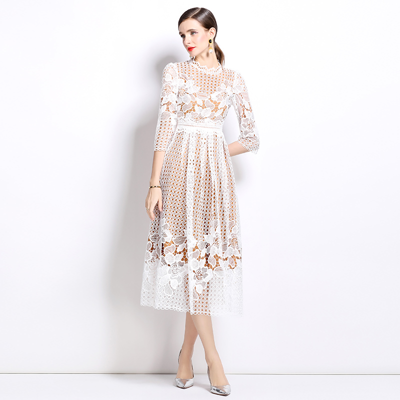 Lace long sleeve printing hollow slim dress