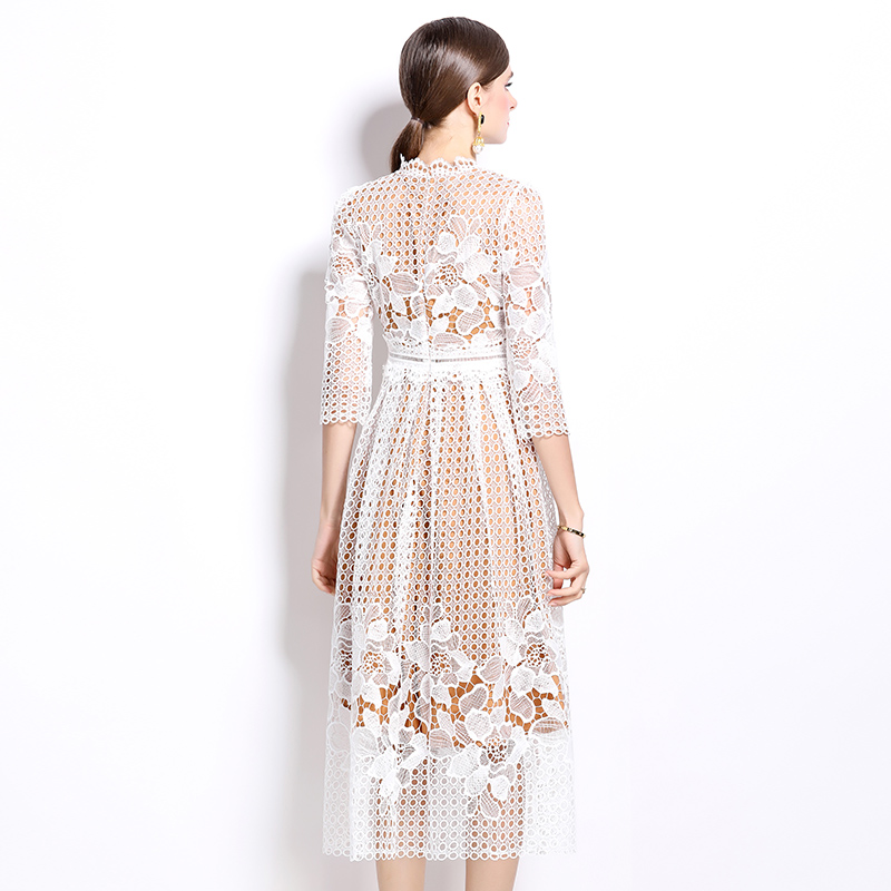 Lace long sleeve printing hollow slim dress