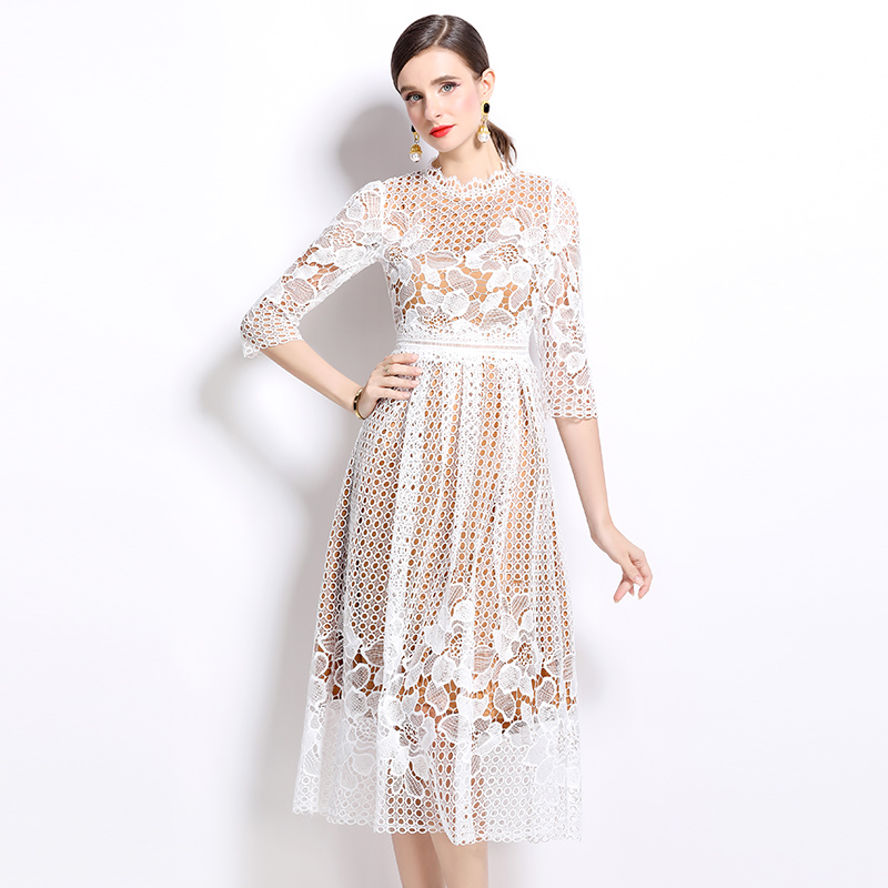 Lace long sleeve printing hollow slim dress