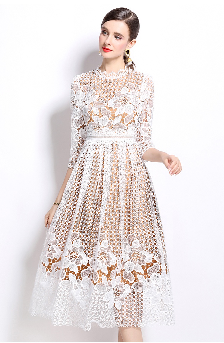 Lace long sleeve printing hollow slim dress