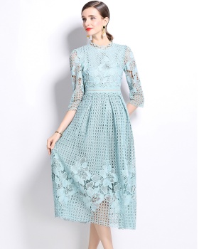 Long sleeve printing hollow lace slim dress