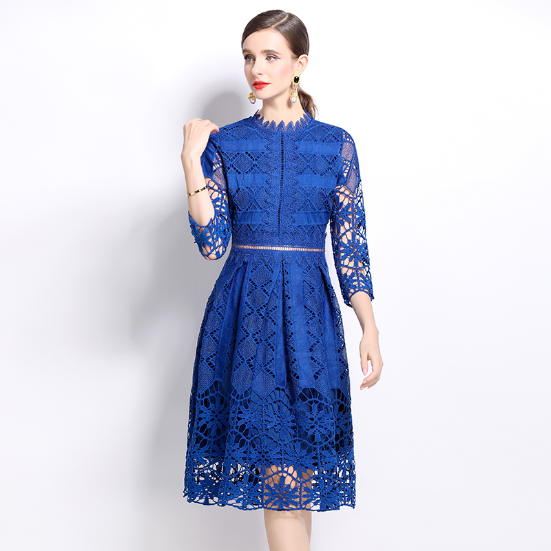 Long sleeve lace hollow slim printing dress