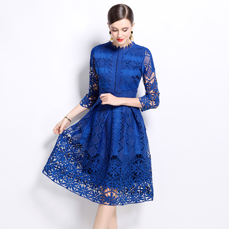 Long sleeve lace hollow slim printing dress