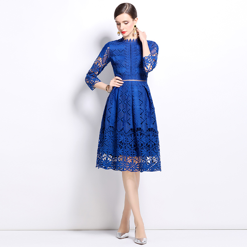 Long sleeve lace hollow slim printing dress