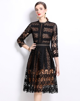 Long sleeve lace slim hollow printing dress