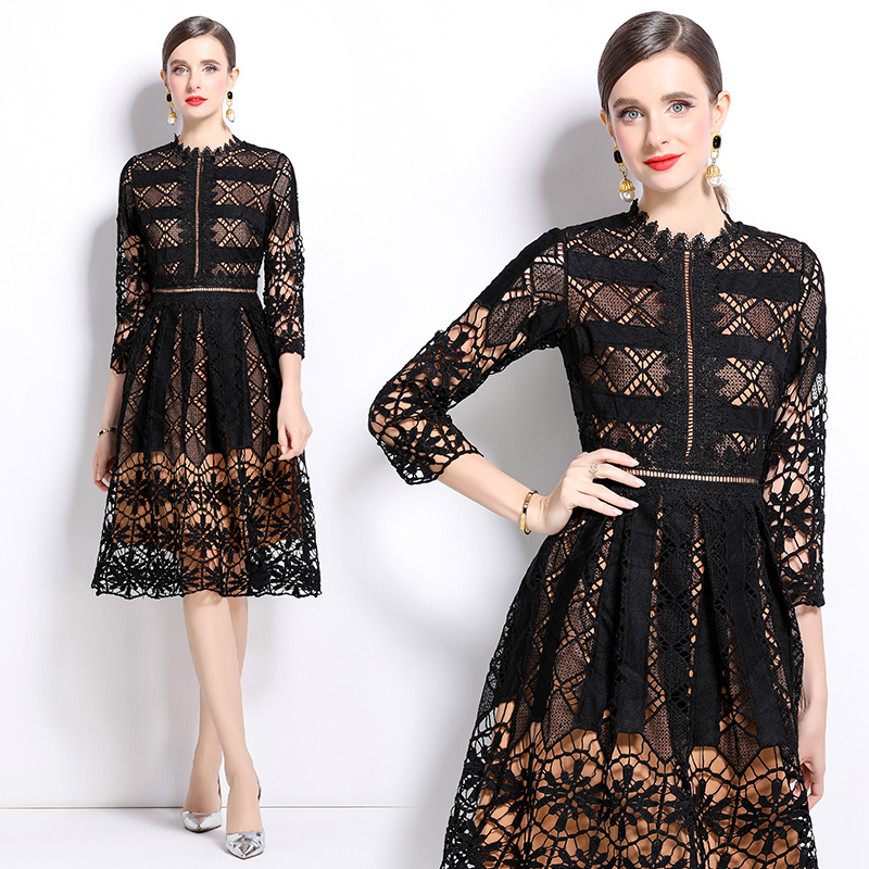 Long sleeve lace slim hollow printing dress