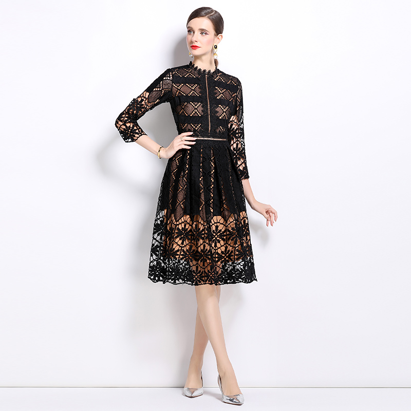 Long sleeve lace slim hollow printing dress