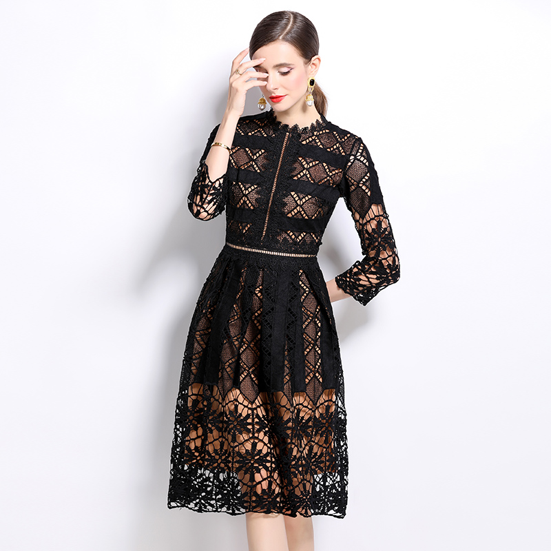 Long sleeve lace slim hollow printing dress