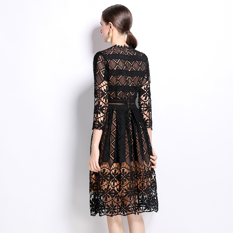 Long sleeve lace slim hollow printing dress