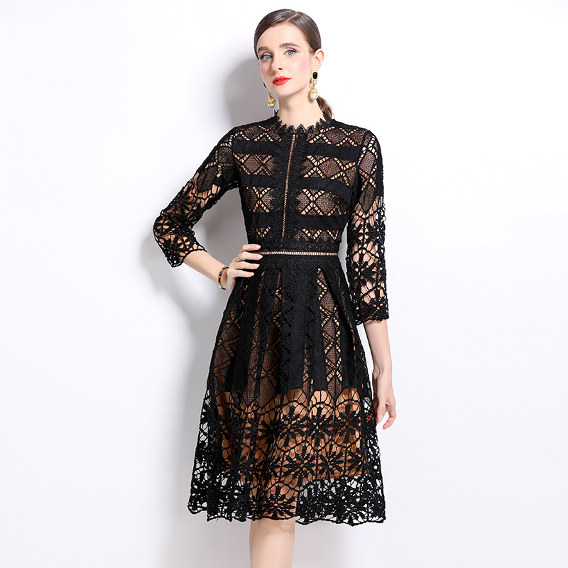 Long sleeve lace slim hollow printing dress