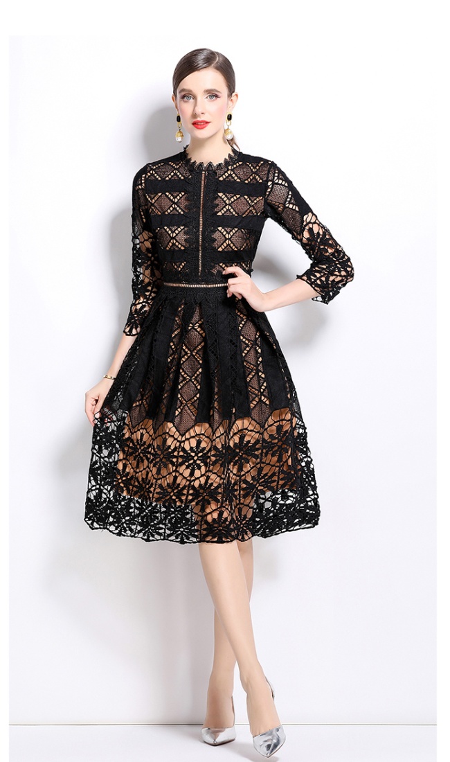 Long sleeve lace slim hollow printing dress