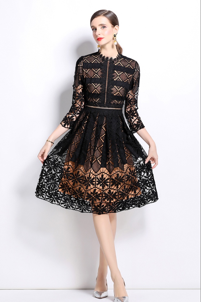 Long sleeve lace slim hollow printing dress