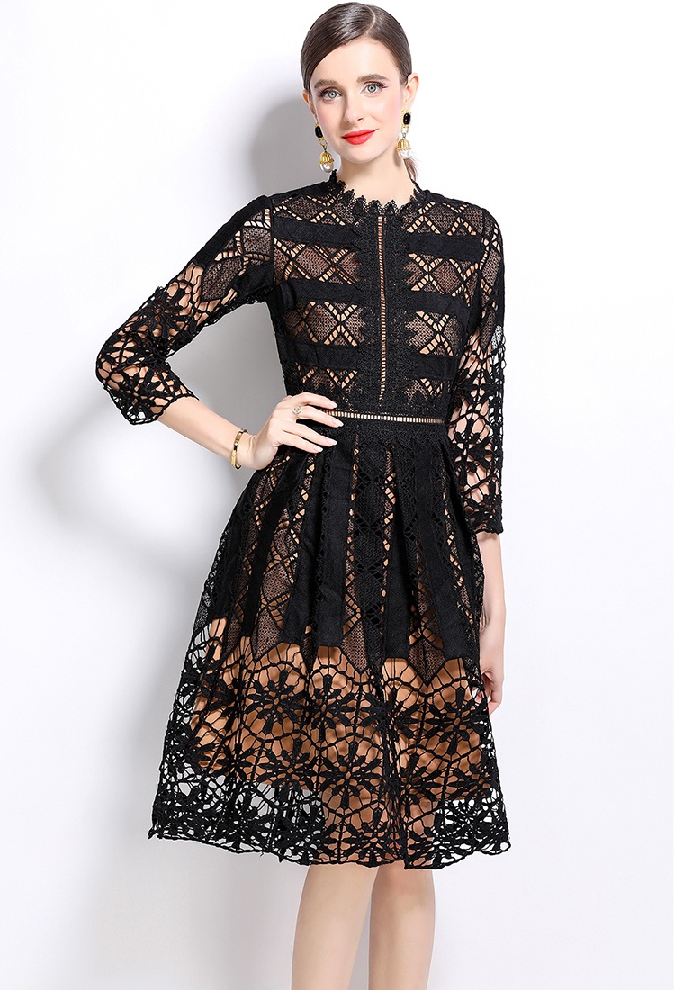 Long sleeve lace slim hollow printing dress