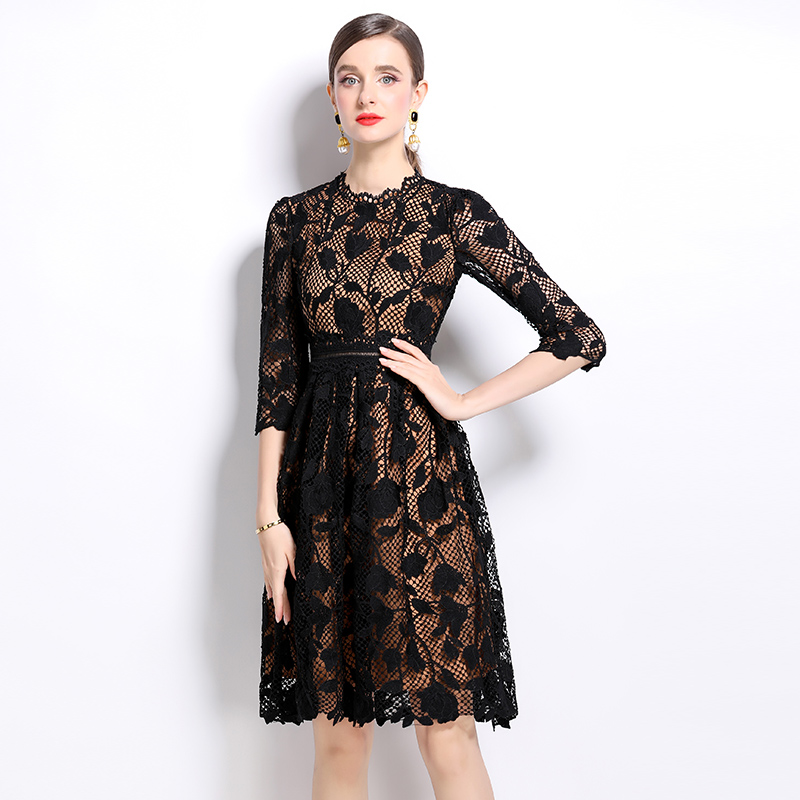 Fashion long sleeve hollow lace slim dress