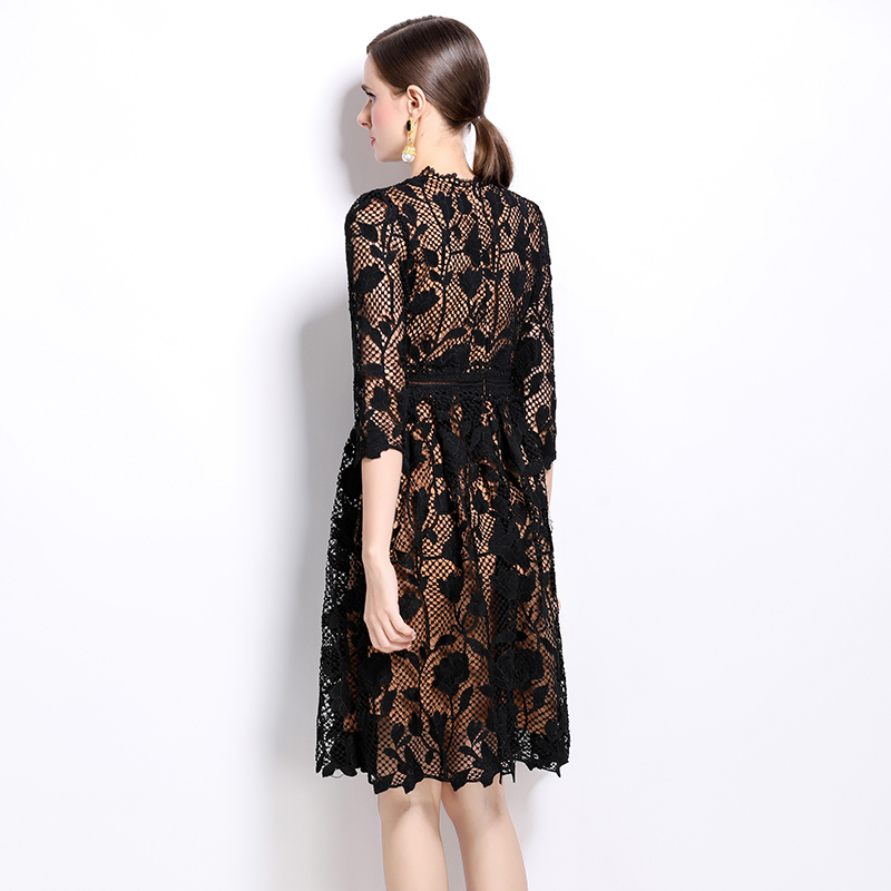 Fashion long sleeve hollow lace slim dress