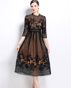 Lace hollow long sleeve printing slim dress