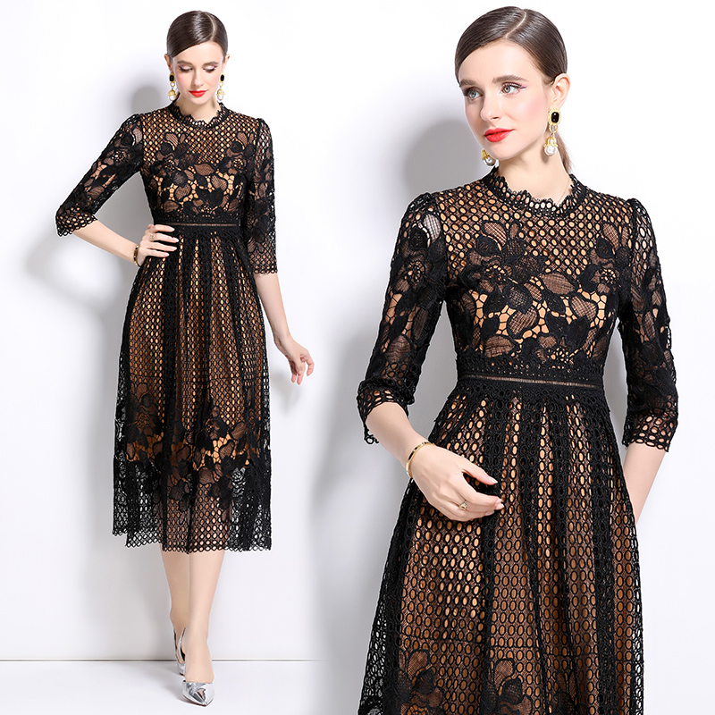 Lace hollow long sleeve printing slim dress