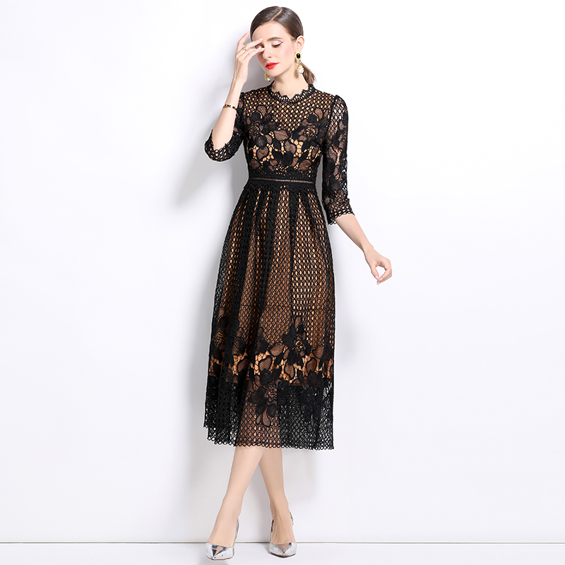 Lace hollow long sleeve printing slim dress