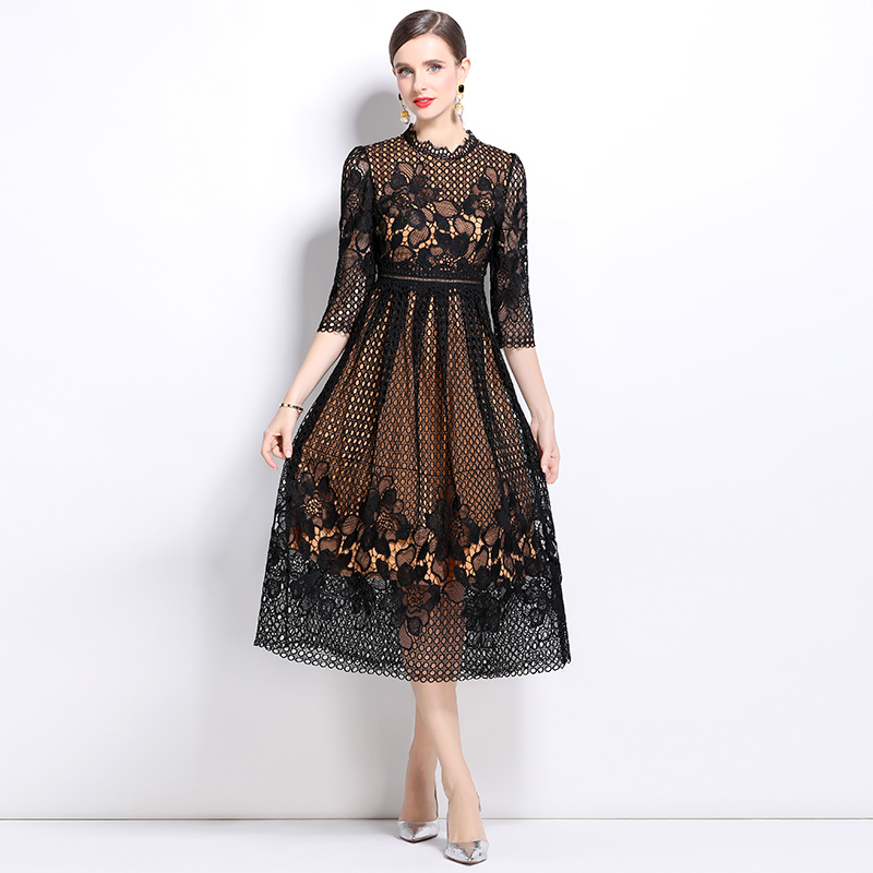 Lace hollow long sleeve printing slim dress