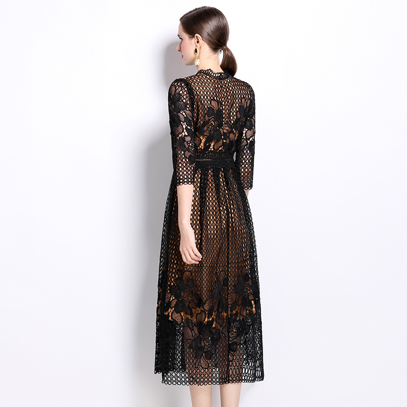 Lace hollow long sleeve printing slim dress