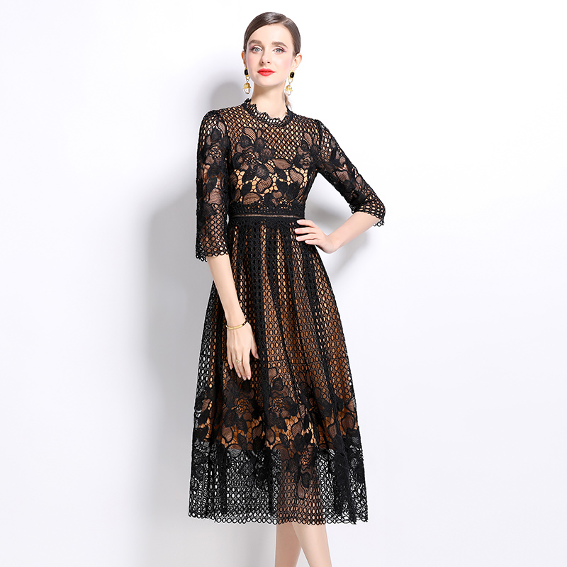 Lace hollow long sleeve printing slim dress