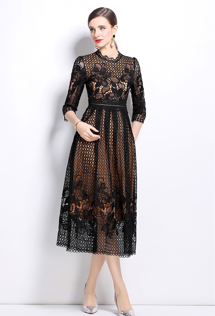 Lace hollow long sleeve printing slim dress