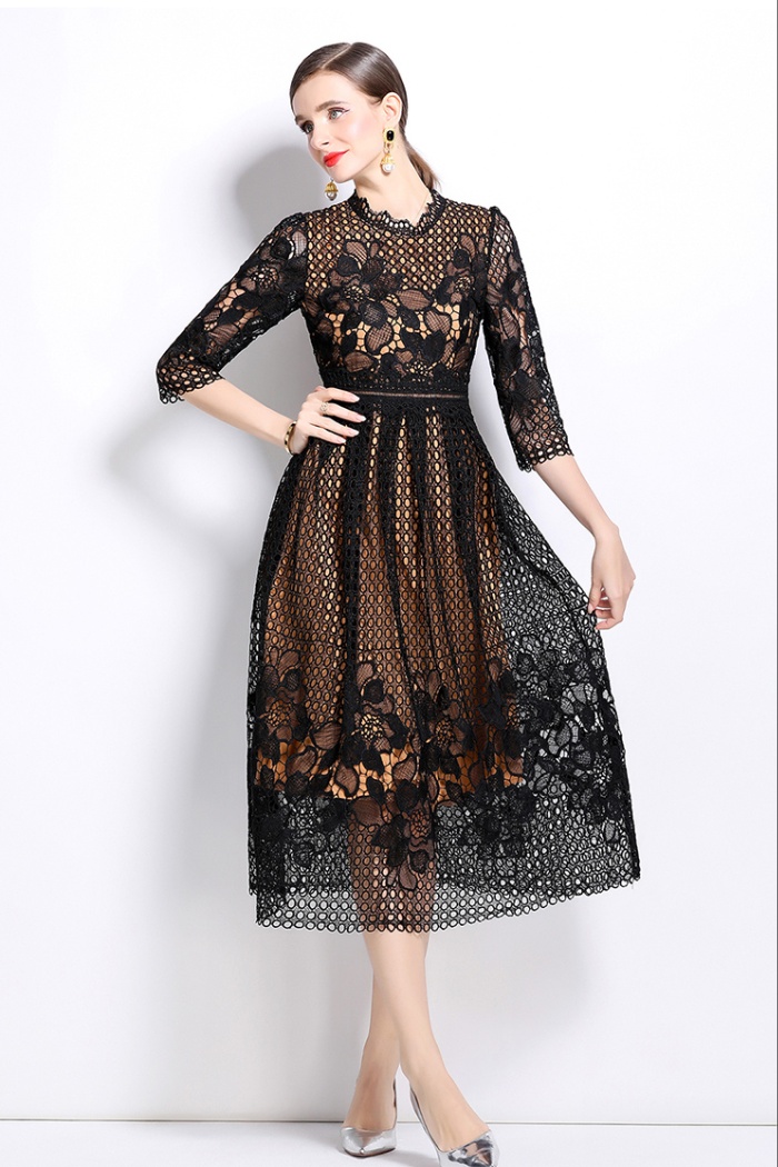 Lace hollow long sleeve printing slim dress