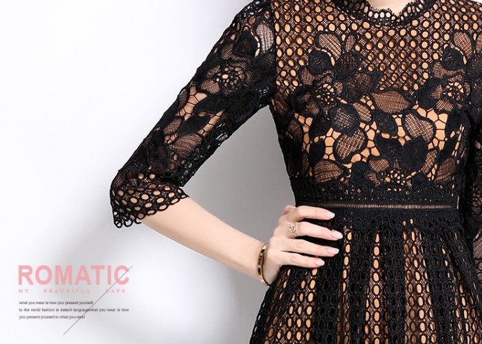 Lace hollow long sleeve printing slim dress