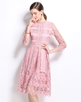 Printing lace long sleeve slim hollow dress