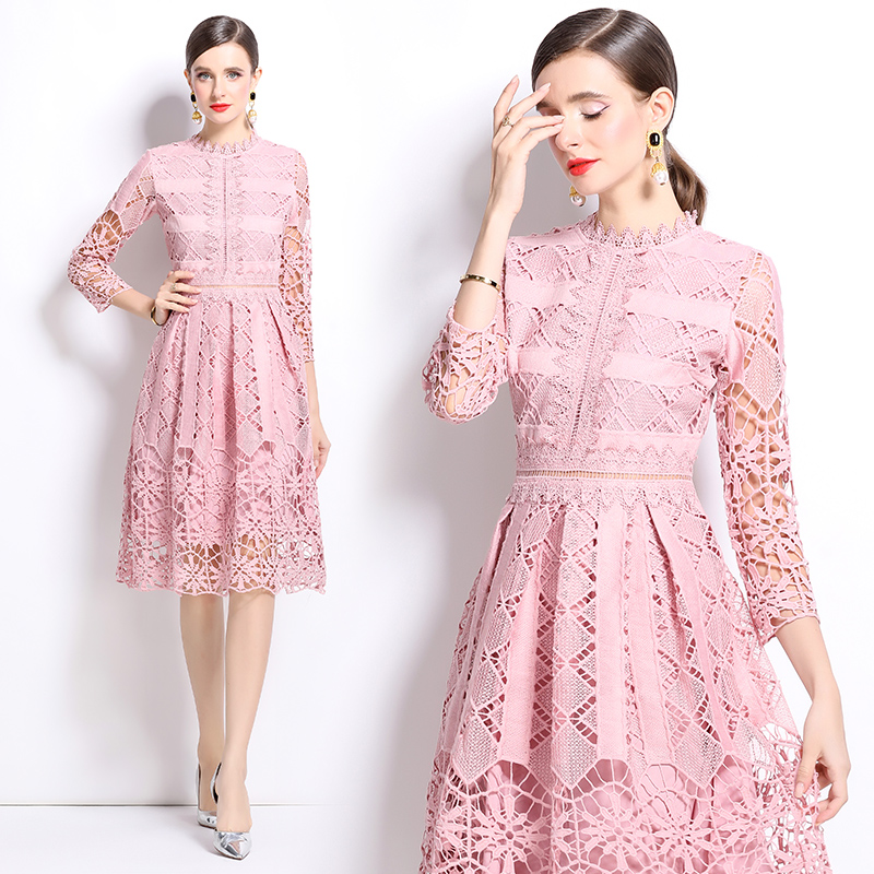 Printing lace long sleeve slim hollow dress