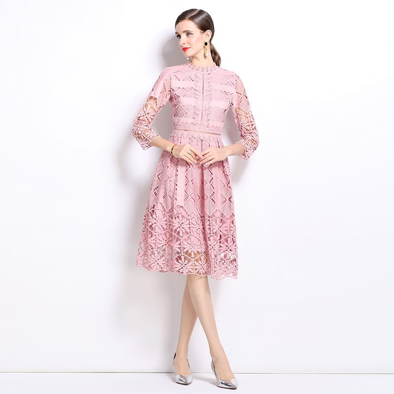 Printing lace long sleeve slim hollow dress