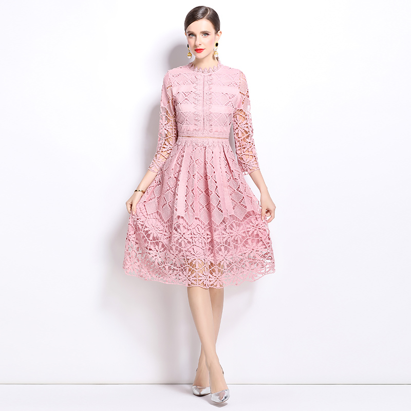 Printing lace long sleeve slim hollow dress