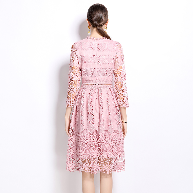 Printing lace long sleeve slim hollow dress