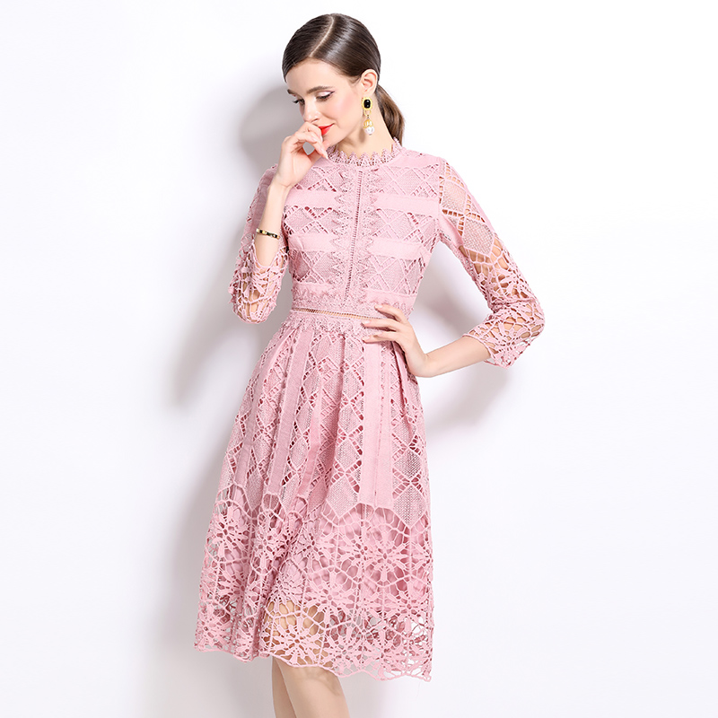 Printing lace long sleeve slim hollow dress