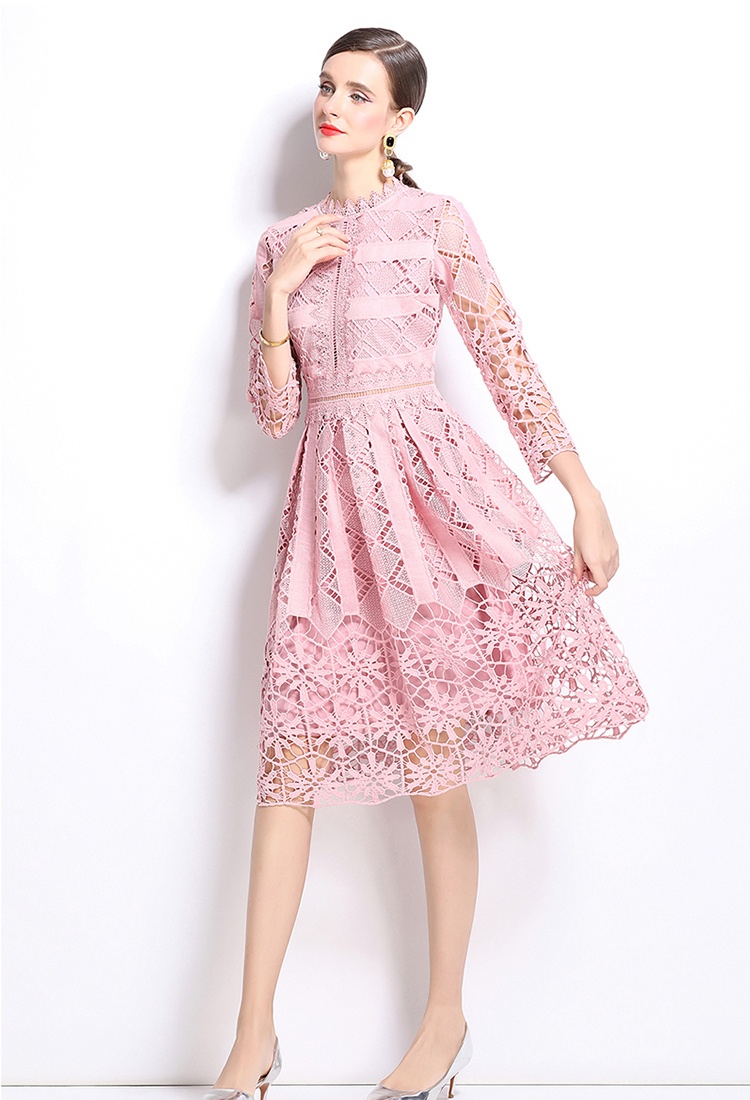 Printing lace long sleeve slim hollow dress