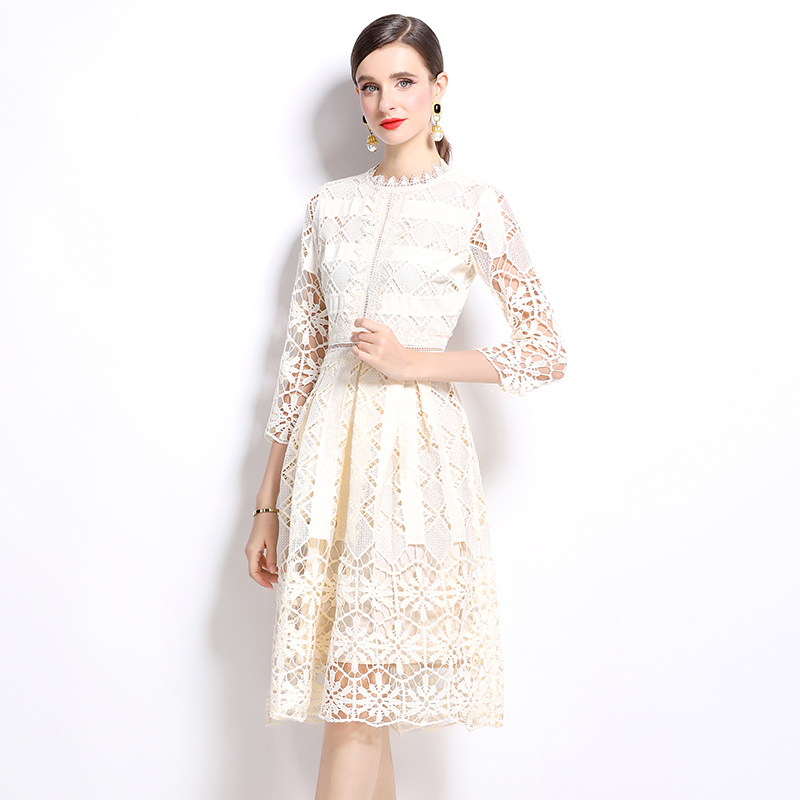 Hollow long sleeve printing slim lace dress